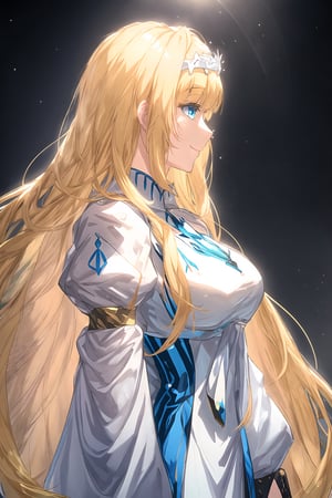 1girl, smile,, upper body, long blonde hair, female focus, , , virtual youtuber, from side,, profile,, solo, calca, blonde hair, , extremely long hair, very long hair, extra long hair, white tiara, white dress, blue eyes,Calca Bessarez, medium breast