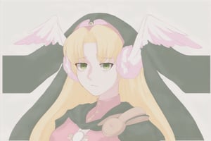 
simple background,
Female protagonist, Divine Chant, 4th Seat of the Black Scripture, blonde hair, green eye, pink dress, green hood, very long hair, 1girl, angelwing-shaped earmuffs, serious face, unfriendly face
