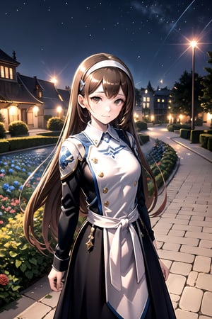 //Quality,
masterpiece, best quality
,//Character,
1girl, solo
,//Fashion,
,//Background,
night, Rose garden
,//Others,
 blue roses, 1girl, ,Kelart, extremely long hair, brown hair, white hairband, brown eyes, medium chest, black sleeve, white outfit, black long skirt