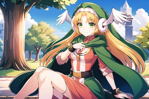  ,sit under tree,read book,  medium chest, Divine Chant, 4th Seat of the Black Scripture, blonde hair, green eye, pink dress, green hood, very long hair, 1girl, solo, angelwing-shaped earmuffs