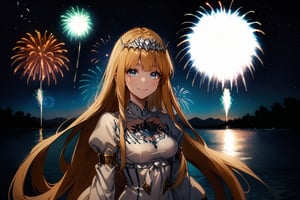 Generate hyper realistic image of a beautiful  celtic girl looking directly at the viewer.  ,light blue eyes, Sweet face and gaze, night time, firework background celebrated 1st anniversary, (intricate details), highly detailed, vibrant, production film, ultra high quality photography style, Extremely Realistic,anime,  1girl, solo, Calca, Calca Bessarez, blonde hair, extremely long hair, very long hair, white tiara, white dress, blue eyes, medium chest, smile, happy, mouth_open, firework with the text "1" 