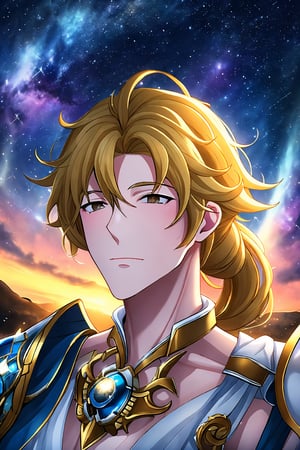 {{best quality}}, {{masterpiece}}, {{ultra-detailed}}, {illustration}, {detailed light},  Starry sky, depth of field, ,Hyouka,1male,solo,blonde hair,brown eyes,one-sided braid,very long hair,one shoulder armor