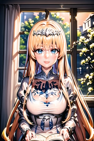 masterpiece, best quality, 1girl, looking at the viewer, blush, sitting, upper body,  indoors, book, window, plant, book stack, blunt bangs, , soft smile, solo, Calca, Calca Bessarez, blonde hair, (extremely long hair:1.3), very long hair, white tiara, white dress, blue eyes, medium chest