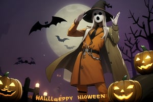 (masterpiece), (best quality), 8k illustration, , 
, 1male, solo, , Neutral mask, face man, four fingers, dark eyes, orange hat, orange trench coat, orange German soldier uniform, black necktie, orrange boots, pandora's actor, open mouth, black mouth, Pandora's Actor, salute pose,  (Halloween party:1.4), (Halloween decoration:1.4), pumpkin, bat, death tree, grave yard, outdoor, Horror atmosphere,, masterpiece, best quality, outdoor, graveyard, tomb, night time, full of ghost, surrounded by ghost