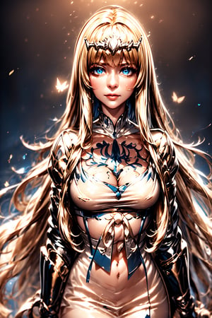 1girl, solo, Calca, Calca Bessarez, blonde hair, (extremely long hair:1.3), very long hair, white tiara, white dress, blue eyes, medium chest, surrounded by fireflies.