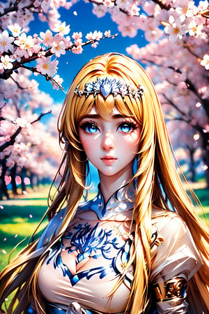 ((masterpiece: 1.2)), beautiful and aesthetic girl,  extreme detailed, highest detailed image, ((detailed eyes)), ((light particles)), cherry blossom, cherry blossoms., Illustration, 1girl, solo, Calca, Calca Bessarez, blonde hair, (extremely long hair:1.3), very long hair, white tiara, white dress, blue eyes, medium chest,extremely long hair