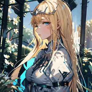 viewing platform, nature view,
（a beautiful girl,Wearing a dress,）, focus on the upper body, from the side, calca, blonde hair, long hair, medium chest, extremely long hair, very long hair, extra long hair, white tiara, white dress, blue eyes