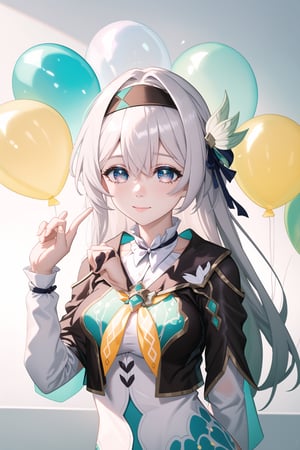 masterpiece, best quality, incredibly absurdres, , multiple colorful balloons, sitting, happy, closed mouth, painter artist outfit, very long hair,, confetti, upper body, bangs, hand behind back,1girl, solo, silver hair, black headband, gradient eyes, hair ornament, firefly from Honkai Start Rail,medium breasts