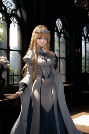 anime girl, mature female, thick lines, 1girl, solo, Calca, Calca Bessarez, blonde hair, (extremely long hair:1.5), very long hair, white tiara, white dress, blue eyes, extremely long hair, in luxurious be room, victorian gothic style room, window, daylight, perfect light, smile