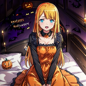 : (masterpiece), (best quality), 8k illustration, , 1girl, solo, orange dress, orange outfit, Halloween uniform indoors, , Halloween bedroom, do laundry, preparing bed, , tuare, blue eyes, long hair, , blonde hair orange pillow, Halloween theme, , (Halloween party:1.4), (Halloween decoration:1.4),