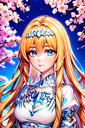 ((masterpiece: 1.2)), beautiful and aesthetic girl, ((1girl)), extreme detailed, highest detailed image, ((detailed eyes)), ((light particles)), , , , cherry blossom, cherry blossoms, mdeium shot., solo, Calca, Calca Bessarez, blonde hair, (extremely long hair:1.3), very long hair, white tiara, white dress, blue eyes, medium chest