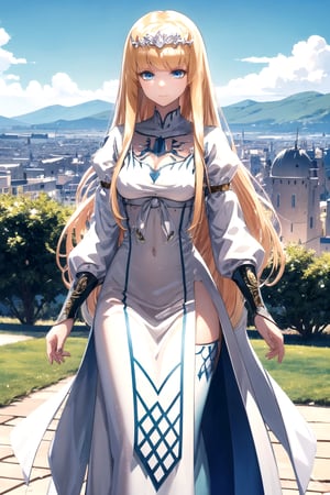 //Quality,
masterpiece, best quality
,//Character,
1girl, solo
,//Fashion,
,//Background, beautiful scenery, castle background
,//Others,
Calca, ,blonde hair, , medium chest, extremely long hair, very long hair, extra long hair, white tiara, white dress, blue eyes,