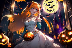 dancing, light smile, orange witch, (Woman dressed in a orange spooky Halloween costume:1.3), holding a small dark blue box, pumpkins decoration, score_9, score_8_up, score_7_up, source_anime, rennertheierechardelonrylevaiself, renner theiere chardelon ryle vaiself, long hair, blue eyes, blonde hair, hair ornament, very long hair, flower, hair flower, light smile, too much blushing, orange long sleeves, Halloween dress, jewelry, white puffy sleeves, necklace, orange dress, crown, princess, frills, indoors, night, night sky, moonlight, moon, Halloween curtains, window, looking at viewer, cowboy shot, dutch angle,  (Halloween party:1.4), (Halloween decoration:1.4), pumpkin, bat, death tree, graveyard, outdoor, Horror atmosphere,