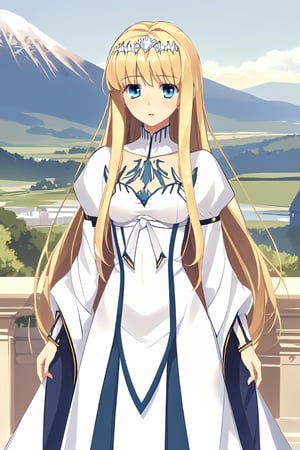 masterpiece, best detail, 1girl, solo, Calca, Calca Bessarez, blonde hair, extremely long hair, very long hair, white tiara, white dress, blue eyes, medium chest, out door, castle background, beautiful scenery
