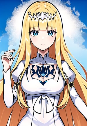  1girl, solo, Calca, Calca Bessarez, blonde hair, (extremely long hair:1.3), very long hair, white tiara, white dress, blue eyes, medium chest, bangs, blunt bangs