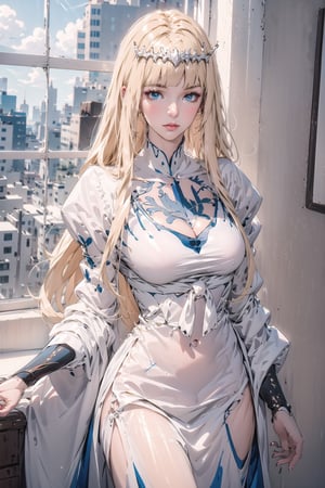 1girl, solo, pastel hair, looking at the viewer,,Confidence and pride,,beauty, masterpiece,best quality,,pastel, calca, blonde hair, , extremely long hair, very long hair, extra long hair, white tiara, white dress, blue eyes,Calca Bessarez, medium breast