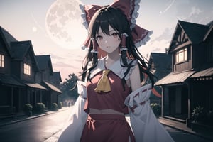 (Best Quality, 8K, ultra-detailed, Masterpiece: 1.3), brown hair, hair bow,hair tubes, tabard,long dress,hakurei reimu, high colors, gothic victorian mansion as a backgorund, red sky, outdoor,, full moon, huanted mansion, 