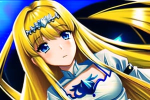  1girl, solo, Calca, Calca Bessarez, blonde hair, (extremely long hair:1.3), very long hair, white tiara, white dress, blue eyes, medium chest, 