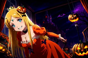 score_9, score_8_up, score_7_up, source_anime, rennertheierechardelonrylevaiself, renner theiere chardelon ryle vaiself, long hair, blue eyes, blonde hair, hair ornament, very long hair, flower, hair flower, smile, evil smile, evil grin, orange long sleeves, orange dress, jewelry, puffy sleeves, Halloween necklace, orange dress, crown, princess, frills, indoors, night, night sky, moonlight, moon, curtains, window, looking at viewer, cowboy shot, glowing eyes, hidden in the shadows,  (Halloween party:1.4), (Halloween decoration:1.4), pumpkin, bat, death tree, graveyard, outdoor, Horror atmosphere, villain, 