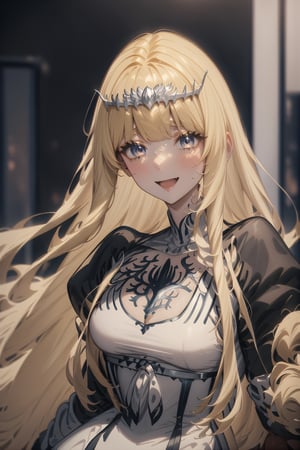 newest, anime coloring, masterpiece, best quality, best aestethic, absurdres, light smile, :D, looking at viewer, sitting,  1girl, solo, Calca, Calca Bessarez, blonde hair, (extremely long hair:1.3), very long hair, white tiara, close up,extremely long hair