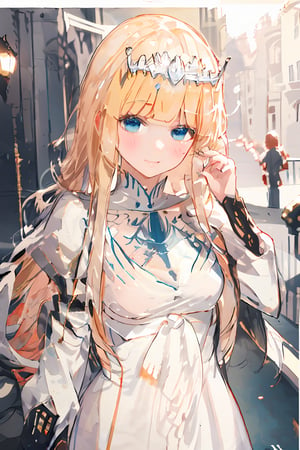 masterpiece, best quality, ultra detailed, extremely detailed, wallpaper, blush,  smile, happy, 1girl, solo, Calca, Calca Bessarez, blonde hair, (extremely long hair:1.3), very long hair, white tiara, white dress, blue eyes,