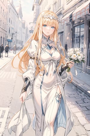 Masterpiece, beautiful details, perfect focus, uniform 8K wallpaper, high resolution,
 walking down the street in the morning sun, medical age castle background, clear, sparkling deep eyes,  holds a small bouquet in her hand,  1girl, perfect light, ,, solo, Calca, , calca, blonde hair, long hair, medium chest, extremely long hair, very long hair, extra long hair, white tiara, white dress, blue eyes,Calca Bessarez,medium breast,, ,