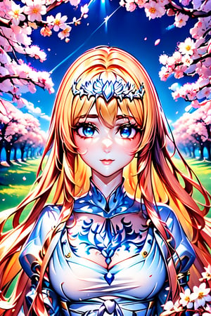 ((masterpiece: 1.2)), beautiful and aesthetic girl, extreme detailed, highest detailed image, ((detailed eyes)), ((light particles)), cherry blossom, cherry blossoms., Illustration, 1girl, solo, Calca, Calca Bessarez, blonde hair, (extremely long hair:1.5), very long hair, (white tiara:1.3), white dress, blue eyes, medium chest