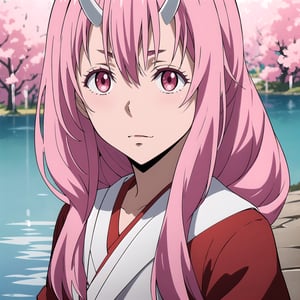 photorealistic, (4k), depth of field, (Masterpiece), (realistic skin texture), extremely detailed, intricate, hyper detailed, professional photography, bokeh, high resolution, sharp detail, best quality, girl,  , red and white kimono, long hair, pink hair, pink eyes, horns, twisted torso ,  outdoors, (lake background:1.3),pixel-shuna,shuna (tensura),ShunaTensura,aashuna,Shuna