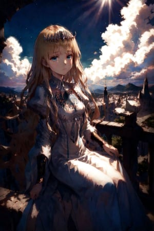 scenery, background, masterpiece, best quality, aesthetic, watercolor \(medium\), Leaning on a railing,
light rays, day, shadow, dappled sunlight,
western castle,, blue sky, blurry, blurry background, , , cloud, cloudy sky, , from the side,, looking at the viewer, outdoors, sky, sunlight, , 1girl, solo, Calca, Calca Bessarez, blonde hair, (extremely long hair:1.3), very long hair, white tiara, white dress, blue eyes, medium chest,extremely long hair