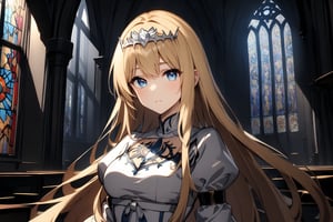 1girl, solo, long hair, looking at the viewer, , ,, highly detailed, best quality, absurd res, lighting, detailed, HDR, natural light, stained glass, indoor, in the gothic victorian style cathedral, Calca, solo, calca, blonde hair, medium chest, extremely long hair, very long hair, extra long hair, white tiara, white dress, blue eyes,Calca Bessarez