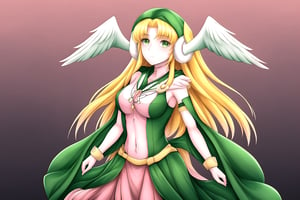 1girl, solo, long hair, looking at viewer, cowboy shot, ,  gradient background, expressionless, arms at sides,  , Divine Chant, 4th Seat of the Black Scripture, blonde hair, green eye, pink dress, green hood, very long hair, 1girl, angelwing-shaped earmuffs