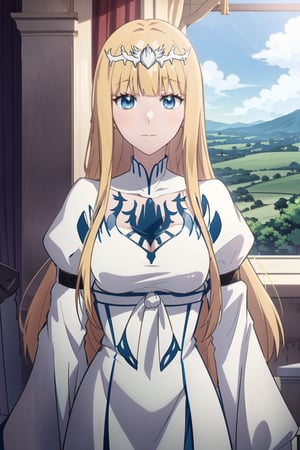 1girl, solo,, (mature female), , , standing, anime screencap, , upper body, luxurious room, (facing viewer:1.2), (looking at viewer:1.2), Calca, Calca Bessarez, blonde hair, extremely long hair, very long hair, white tiara, white dress, blue eyes, medium chest, castle background, beautiful scenery