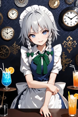 Masterpiece, looking at the viewer, smiling, upper body, open lips, nail polish, gothic pattern background, cup, clock, straw, drink, glass, ice,ink paint,Sakuya,Sakuya Izayoi,blue maid outfit,white apron,white maid headband,silver short hair,twin braided hair,blue eyes,green ribbons on her sidelock,big green bowtie, 1girl, solo, 25 years old, serious face, slim body, 