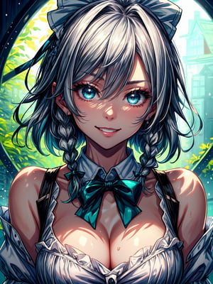 ((masterpiece, best quality, highres:1.2)) centered, close-up, 1girl, mature female,,  glossy lips, crazy smile, glowing eyes, looking at the camera, dual-tone light source, colorful set, backlight, body up, makeup, glow sparkle, light summer dress,  water drops in the skin,,izayoi_sakuya_touhou, solo, ,izayoi_sakuya_touhou, Sakuya, Sakuya Izayoi, blue maid outfit, white apron, white maid headband, silver hair, two braided hair, short hair, blue eyes, blue eyes, two green ribbons on her braided hair, green bowtie, braid,, twin_braids