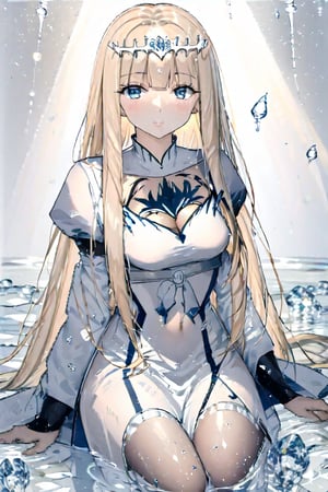 In a masterfully lit and composed anime-style shot, the beautiful girl sits confidently with her upper body facing the viewer, her skin detailed with subtle pores and soft highlights. Amidst a sea of white background, a single water drop glistens like a tiny jewel. Tiny light particles dance around her face, accentuating her features, while ink droplets scattered across the background add a touch of mystery and depth.1girl, solo, Calca, Calca Bessarez, blonde hair, (extremely long hair:1.3), very long hair, white tiara, white dress, blue eyes, medium chest,extremely long hair, blunt_bangs, bangs