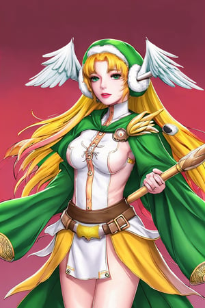  8k, masterpiece, ultra-realistic, best quality, high resolution, high definition, vibrant colors, featuring a youthful appearance and fantasy elements.  expressive eyes, GEMSTONE MAGIC ROD,MG,1girl, Divine Chant, 4th Seat of the Black Scripture, blonde hair, green eye, pink dress, green hood, very long hair, 1girl, (white angelwing-shaped earmuffs:1.3),