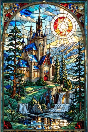 A stunning stained glass artwork of a majestic castle or cathedral situated amidst a serene landscape. The castle features intricate designs, with gothic arches, colorful stained glass windows, and ornate detailing. The surrounding environment is lush, with tall trees, flowing waterfalls, and a calm river. The colors used in the artwork are vibrant, with shades of blue, green, red, and gold dominating the scene. The castle's architecture is complemented by the natural beauty of the landscape, creating a harmonious and enchanting scene.