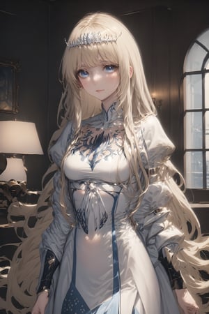  looking at viewer, , indoors, ,1girl, solo, Calca, Calca Bessarez, blonde hair, (extremely long hair1.3), very long hair, white tiara, white dress, blue eyes, medium chest