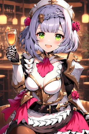 A vibrant anime-inspired illustration depicts a woman, her elbows propped on a polished counter table in a trendy Asian-style BAR. warm smile and inviting gaze directly address the viewer, exuding a relaxed atmosphere. The dimly lit setting, adds to the cozy ambiance. In the background, the hum of lively chatter and clinking glasses creates a sense of joyous gathering.,(\nuo ai er\),1girl, breasts, noelle \(genshin impact\), solo, green eyes, flower, braid, armor, short hair, hair flower, hair ornament, looking at viewer, rose, open mouth, pantyhose, simple background, white background, grey hair, shoulder armor, red flower, red rose, dress, maid headdress, ascot, bangs, armored dress, red ascot, apron, gloves, gauntlets, belt, :d, black pantyhose, pauldrons, black gloves, braided bangs, close up, upper body