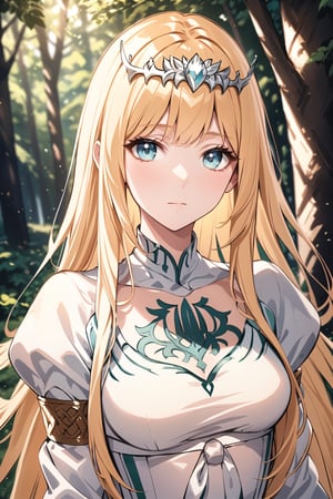 Generate hyper realistic image of a beautiful  celtic girl looking directly at the viewer.  ,light blue eyes, Sweet face and gaze, in a green forest background, (intricate details), highly detailed, vibrant, production film, ultra high quality photography style, Extremely Realistic,anime,  1girl, solo, Calca, Calca Bessarez, blonde hair, extremely long hair, very long hair, white tiara, white dress, blue eyes, medium chest