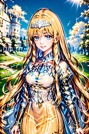 Charming girl. Hyperdetailing masterpiece, hyperdetailing skin, masterpiece quality, with 4k resolution. Charming smile. Mansion in the background. She belongs to the nobility.  ,1girl, solo, Calca, Calca Bessarez, blonde hair, (extremely long hair:1.3), very long hair, white tiara, white dress, blue eyes, medium chest