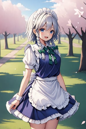 masterpiece, best quality, highres, standing, cowboy shot, leaning forward, arms behind back, outdoors, cherry blossoms, smile, open mouth, izayoi_sakuya_touhou, 1girl, solo ,Sakuya, , Sakuya Izayoi, blue maid outfit, white apron, white maid headband, silver hair, (two braided hair), short hair, blue eyes, blue eyes, (two green ribbons on her braided hair:, green bowtie,braid