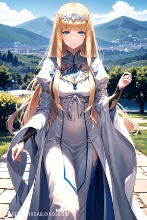 //Quality,
masterpiece, best quality
,//Character,
1girl, solo
,//Fashion,
,//Background, beautiful scenery, castle background
,//Others,
Calca, ,blonde hair, , medium chest, extremely long hair, very long hair, extra long hair, white tiara, white dress, blue eyes,