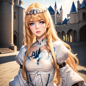 ((Hyper-realistic chest photo ((with anime style)) of a beautiful woman, ((with a brave facial expression)), western castle background)),((using RPG anime warrior makeup of lipstick, eyeliner, eyeshadow and blush)))), ((Perfectly detailed and perfect symmetrical body and head)), ((Perfectly symmetrical and perfectly detailed face)), ((perfectly formed and symmetrically correct hands and fingers)), ((8K High Definition photo)), ((colored but not saturated, perfect contrast between lights and shadows)).,1girl, solo, Calca, Calca Bessarez, blonde hair, (extremely long hair:1.3), very long hair, white tiara, white dress, blue eyes, medium chest