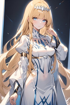 [[[1girl:1.2]]], [[light blue eyes:0.5]], blue color ,Light  outline, yellow, calca, blonde hair, , extremely long hair, very long hair, extra long hair, white tiara, white dress, blue eyes,Calca Bessarez, medium breast,Calca