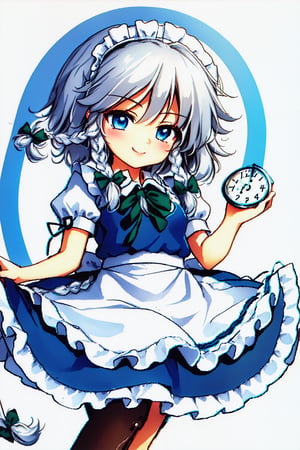 Cute girl, White background, full body image, maid girl, masterpiece quality. Chibi,1girl,solo, izayoi_sakuya_touhou, Sakuya, Sakuya Izayoi, blue maid outfit, white apron, white maid headband, silver hair, two braided hair, short hair, blue eyes, blue eyes, two green ribbons on her braided hair, green bowtie, braid,, twin_braids, maid_headdress, short_hair