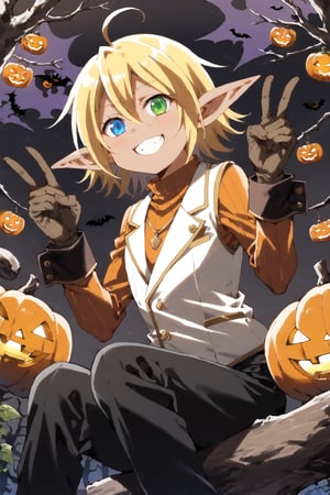 Aura Bella Fiora \(overlord\), 1 girl, solo, short hair, blonde hair, hair between eyes, blue eyes, green eyes, heterochromia, pointy ears, dark skin, elf, ahoge, 
orange shirt, long sleeves, brown gloves, jewelry, white vest, black pants, 
smile,, fingersmile, night, (Halloween theme:1.4), (Halloween decoration:1.4), 
death forest, upper body, Sitting on a tree branch. double Peace sign, (black wolfs around:1.4)
score_9,score_8_up,score_7_up,source_anime, from below, leaning forward, dutch angle, 