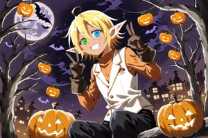 Aura Bella Fiora \(overlord\), 1 girl, solo, short hair, blonde hair, hair between eyes, blue eyes, green eyes, heterochromia, pointy ears, dark skin, elf, ahoge, 
orange shirt, long sleeves, brown gloves, jewelry, white vest, black pants, 
smile,, fingersmile, night, (Halloween theme:1.4), (Halloween decoration:1.4), 
death forest, upper body, Sitting on a tree branch. double Peace sign, (black wolfs around:1.4)
score_9,score_8_up,score_7_up,source_anime, from below, leaning forward, dutch angle, 