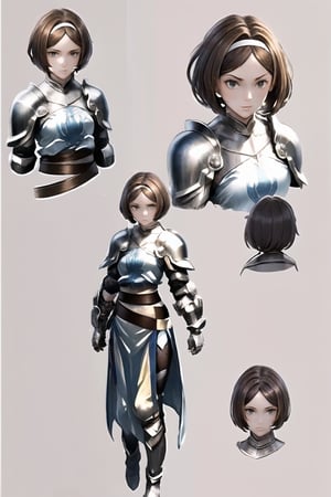 //Quality,
masterpiece, best quality
,//Character,
1girl, solo
,//Fashion,
,//Others,
 character sheet, mono color background, Remedios, short hair, white hair band, brown hair, armor