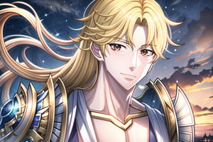 looking at the viewer, upper body,,,Hyouka,1male,blonde hair,brown eyes,one-sided braid,very long hair,one shoulder armor, handsome man, 